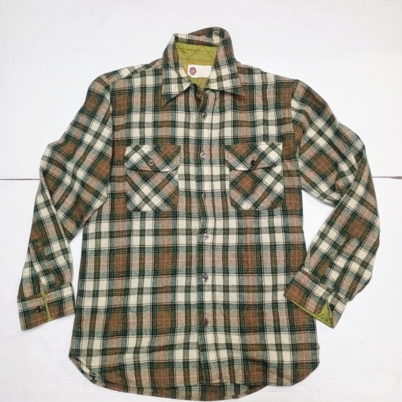 Vtg Sears Kings Road Wool Plaid Flannel Jacket Shirt Loop 15 1/2 Green Medium